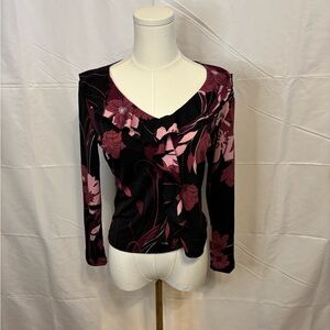 Y2K Black & Pink Floral Ruffle Neck Top – Fits Small